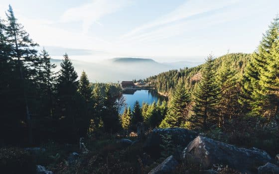 Bergsee mit Hotelanlage inmitten eines Tannenwaldes bei Morgenlicht – Symbolbild für Leisure-Destinationen im Sommer 2025