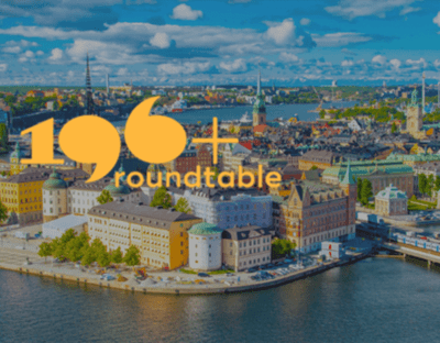 Foto vom 196+ Roundtable Logo mit einem Foto von Stockholm im Hintergrund.