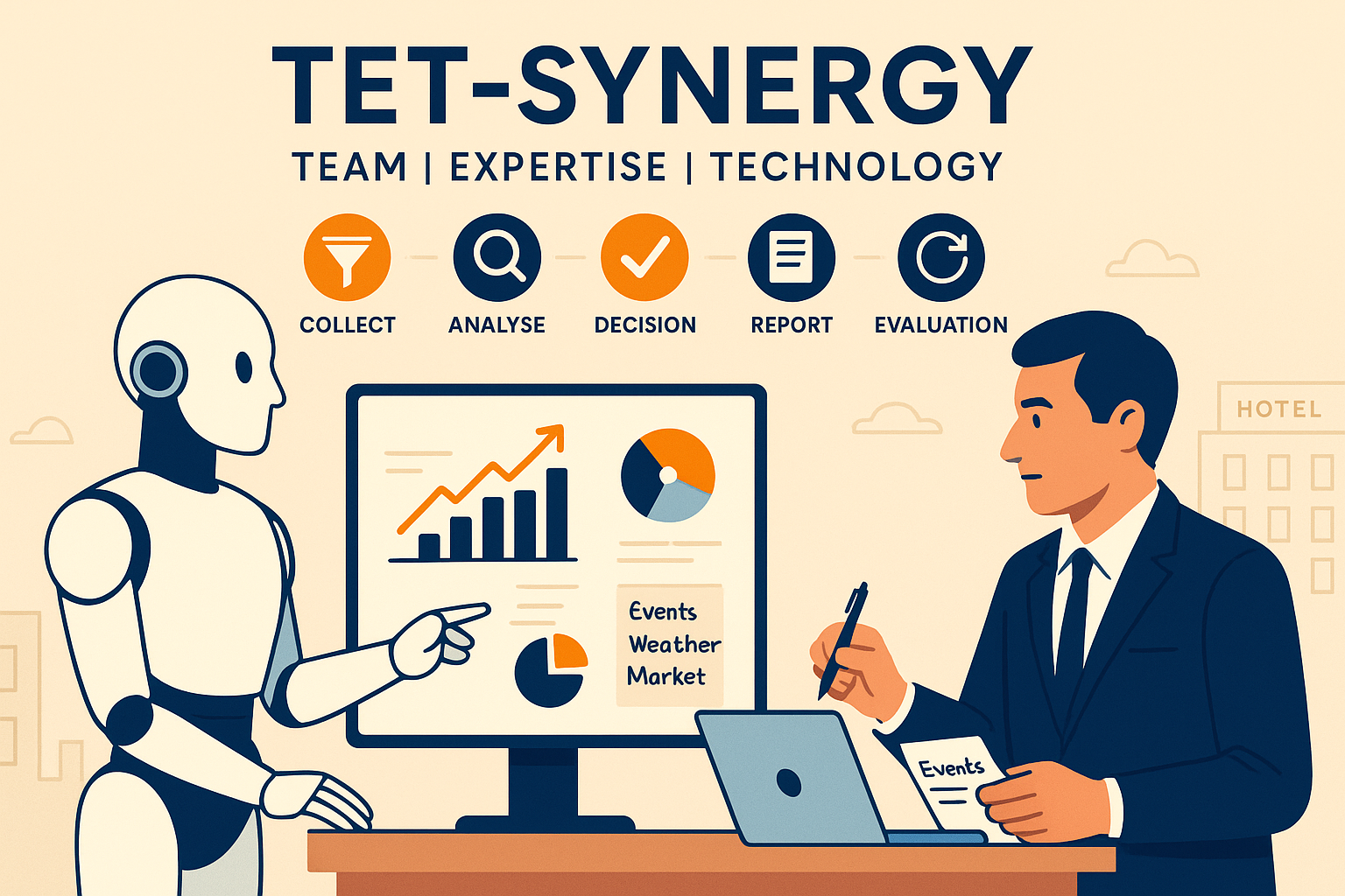 Illustration of a hotel revenue manager collaborating with a humanoid AI assistant in a modern hotel setting. The manager, in a dark blue suit, sits at a desk reviewing a chart and notes labeled “Events, Weather, Market,” while the AI points at a screen displaying graphs and pie charts. Above them, icons represent the five revenue management steps: Collect, Analyse, Decision, Report, Evaluation. The background features minimalist hotel architecture. The phrase “TET-Synergy: Team, Expertise, Technology” is prominently displayed at the top, conveying a blend of human insight and artificial intelligence.