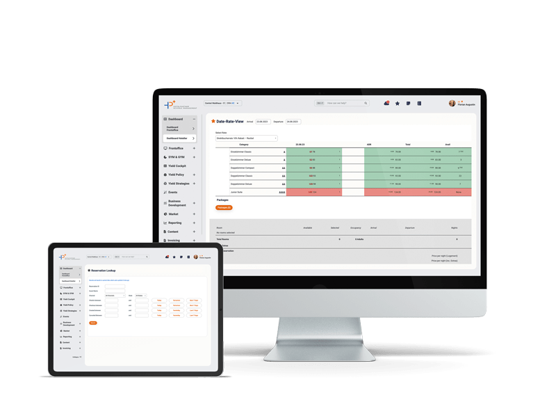 Ein Desktop- und ein iPad-Bildschirm mit den HotelPartner Frontoffice und Backoffice Tools.