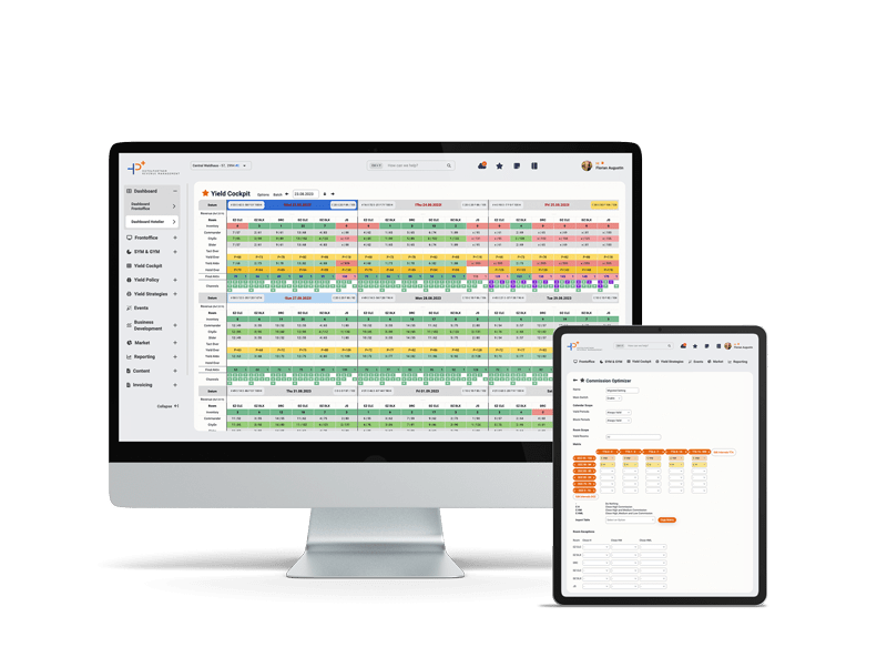 Ein Desktop- und ein iPad-Bildschirm mit dem HotelPartner Revenue Management System (RMS).