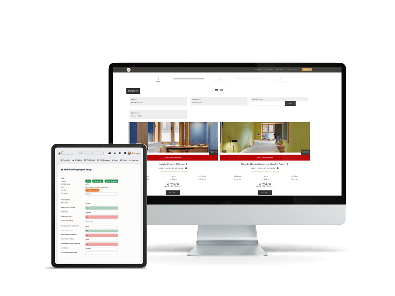 Ein Desktop- und ein iPad-Bildschirm mit der HotelPartner WBE (Web Booking Engine).