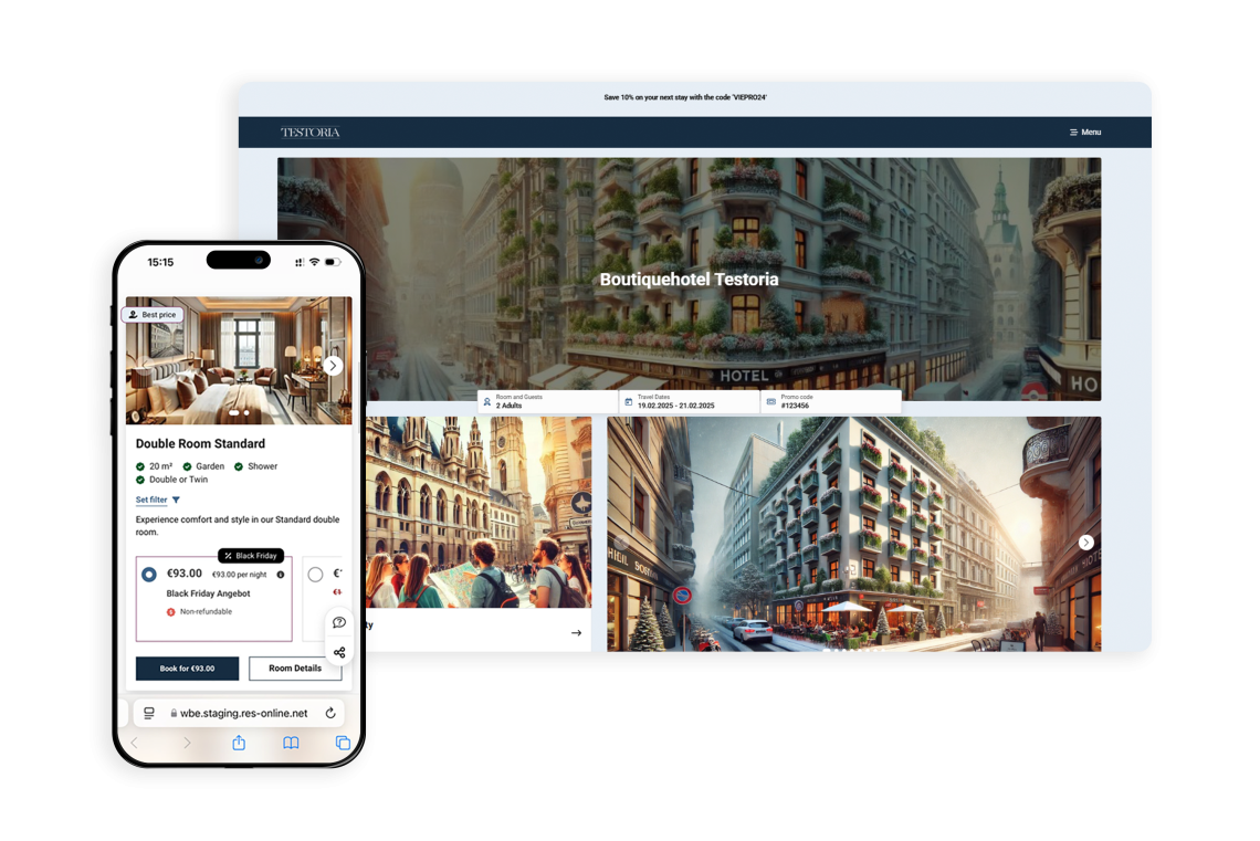 Screenshot der HotelPartner-Presseveranstaltung zur Einführung der Buchungsmaschine B.E. Quick mit Präsentationsfolie und Publikum